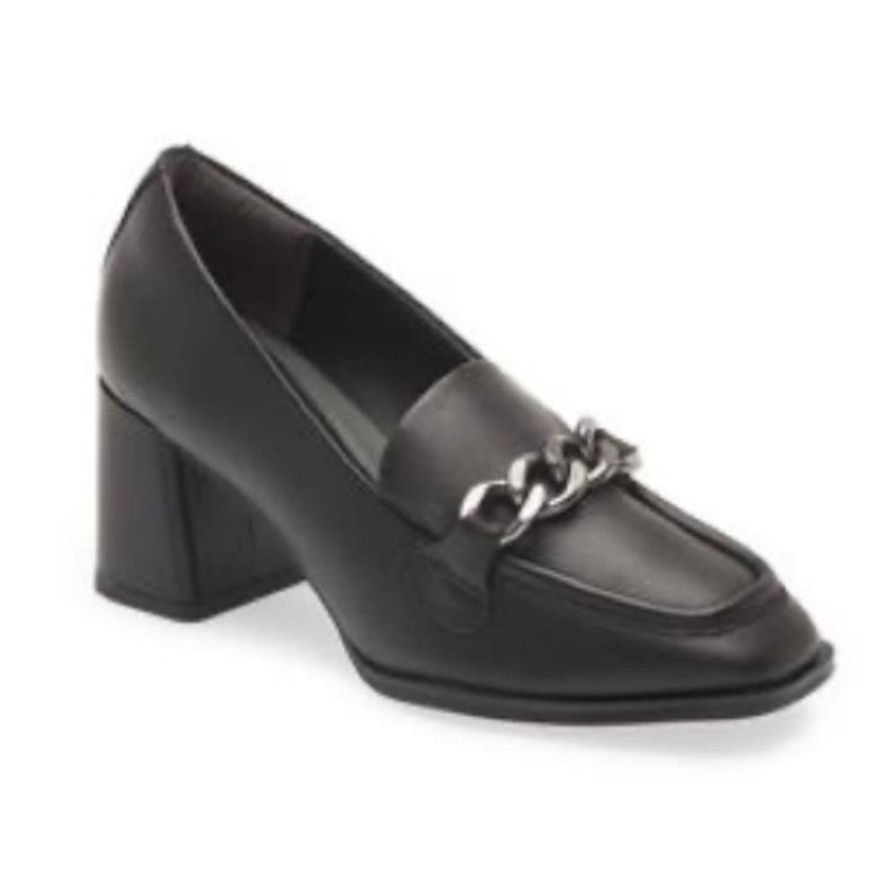 Nordstrom Bernice Black Leather Chunky Heel Loafer with Silver Chain Har…